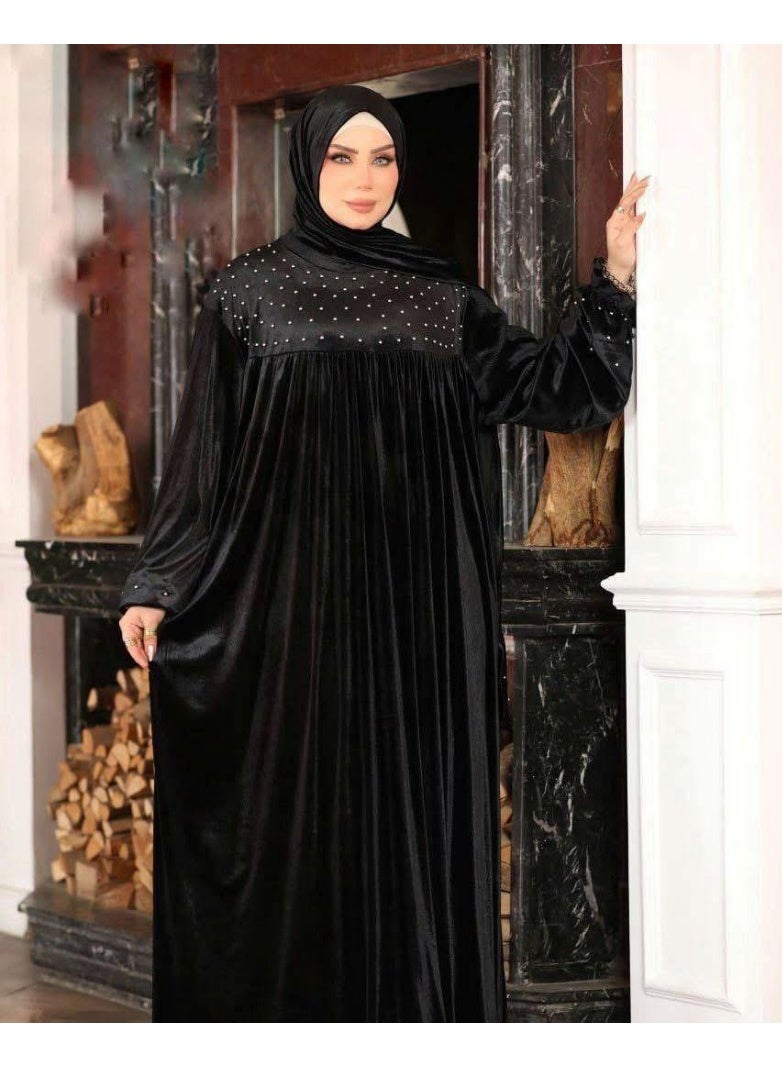 Women’s Velvet Prayer Dress (Isdal) – Elegant Design with Subtle Sparkle – Loose Fit with Matching Hijab - Black - Image 3